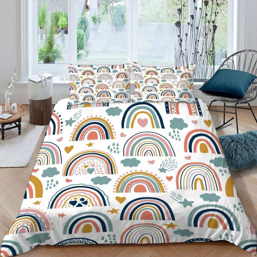 Housse De Couette Double 200x200 Cm Réversible Motif Nuages Et Arc-en-Ciel - 2 Taies 50x75 Cm - 50% Coton, 50% Polyester